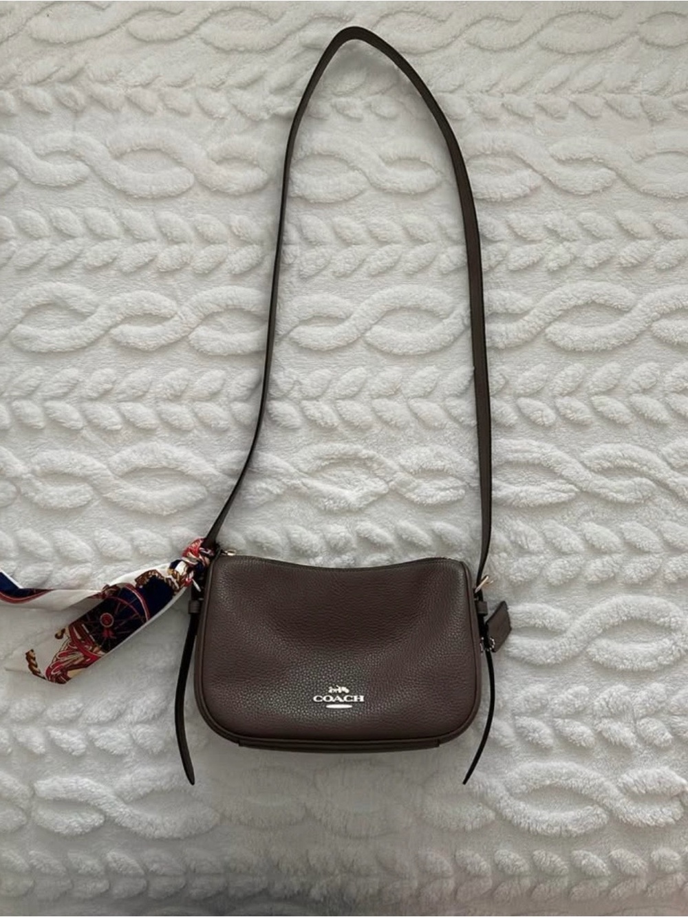 Coach Dark Brown Pebble Leather Crossbody with Scarf Accent